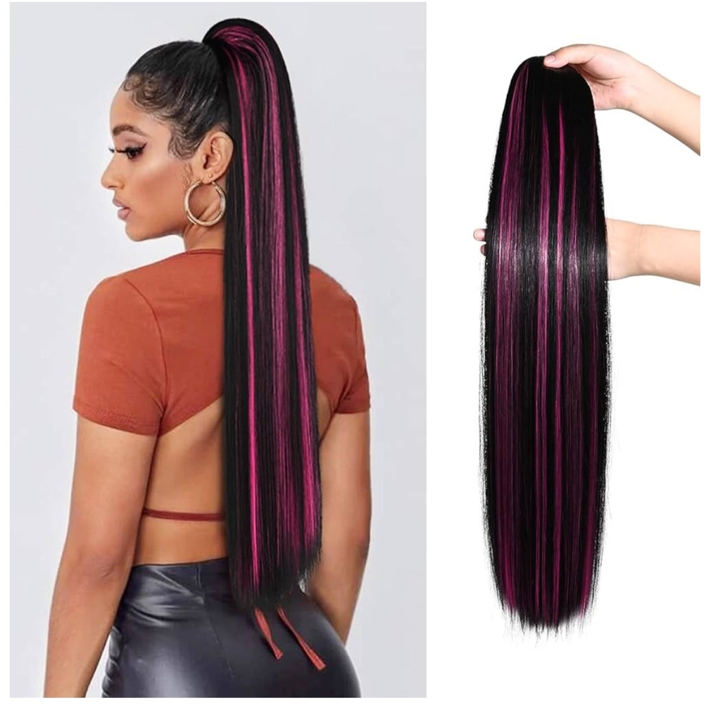 Black drawstring ponytail extension (2) pink and blue highlights!